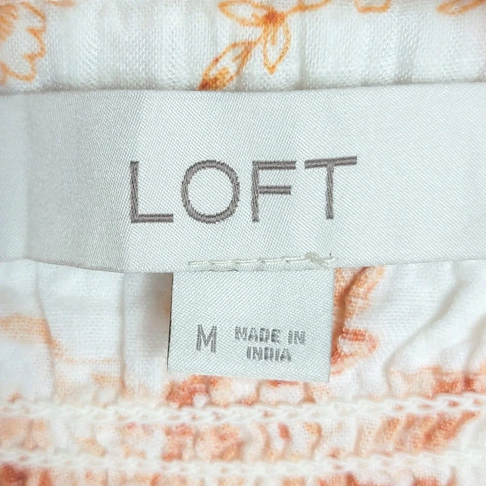 Loft Toile Smocked Peplum Blouse M Orange‎ Square Neck Puff Sleeves Peasant Boho